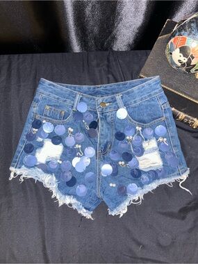 Denim Sequin Fringe Ladies' Shorts - Blue